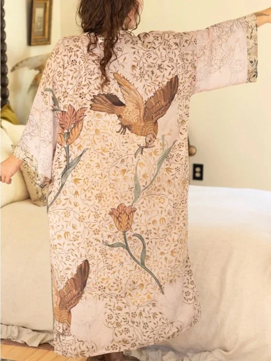 Market of Stars Folklore Opera Floral Botanical Print Kimono Robe with Tie Waist - Picture 3 of 8